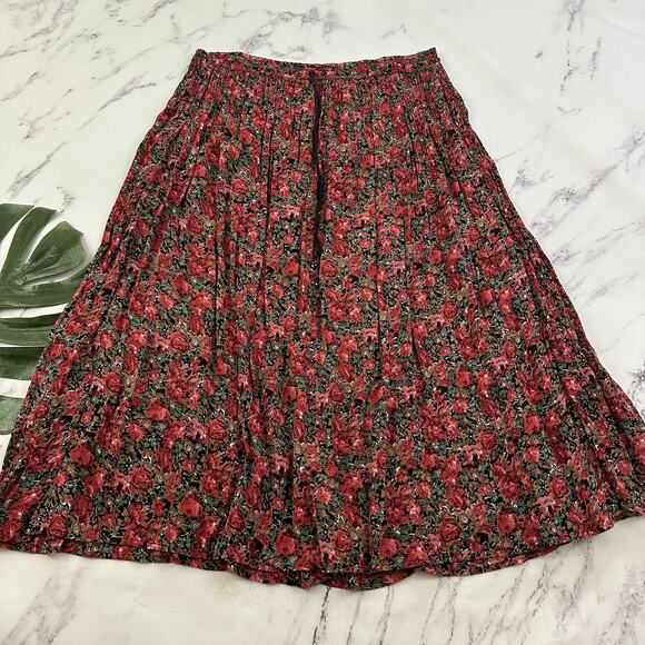 Ann Simone Womens Vintage 90s Crinkle Maxi Skirt Size L Red Black Floral Boho - Picture 1 of 9
